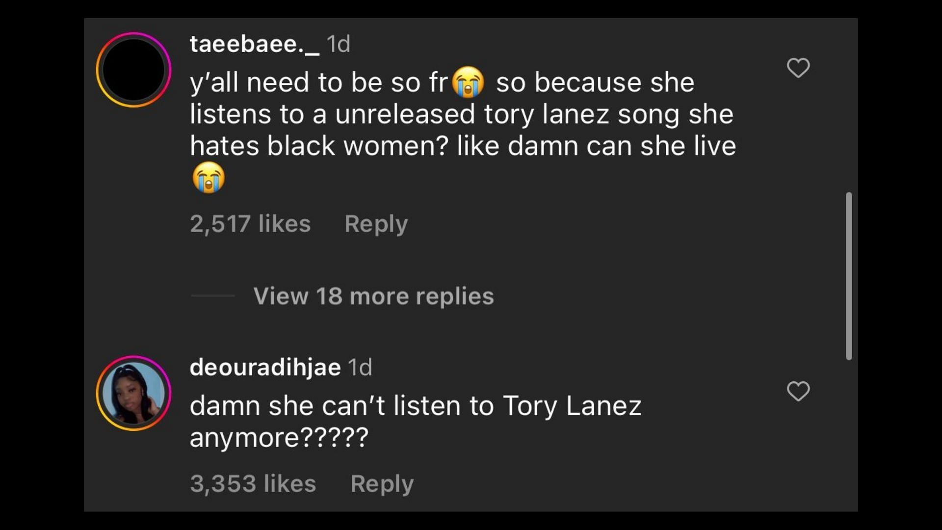 Screenshot of internet users remarking on Jenner playing Tory Lanez&#039;s unreleased song. (Photo via @TheShadeRoom/Instagram)