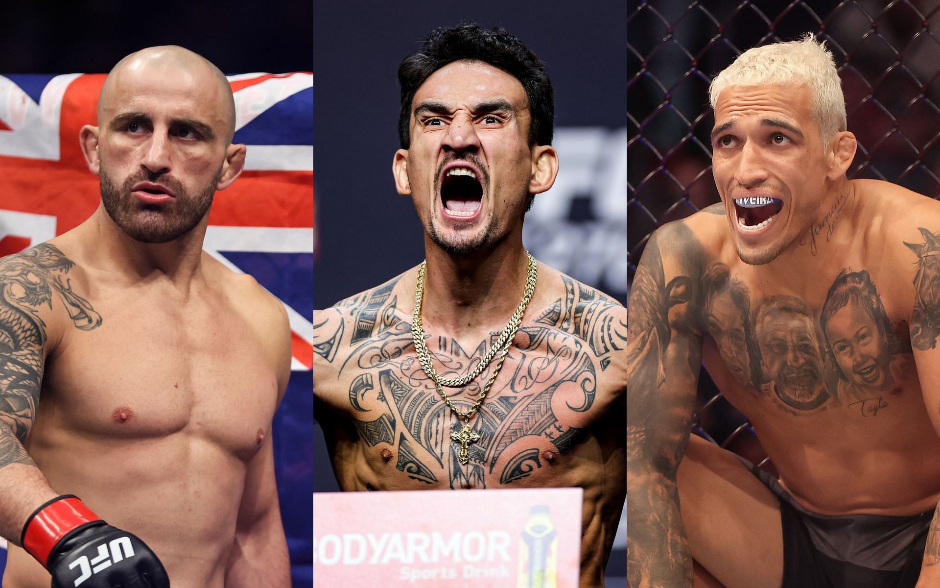 Alexander Volkanovski (Left), Max Holloway (Middle), and Charles Oliveira (Right)