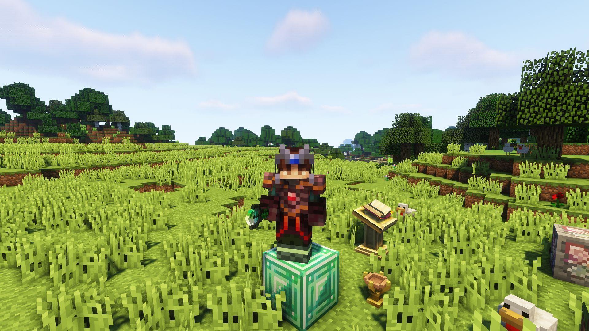 A player with unique armor and a magic wand (Image via Mojang)