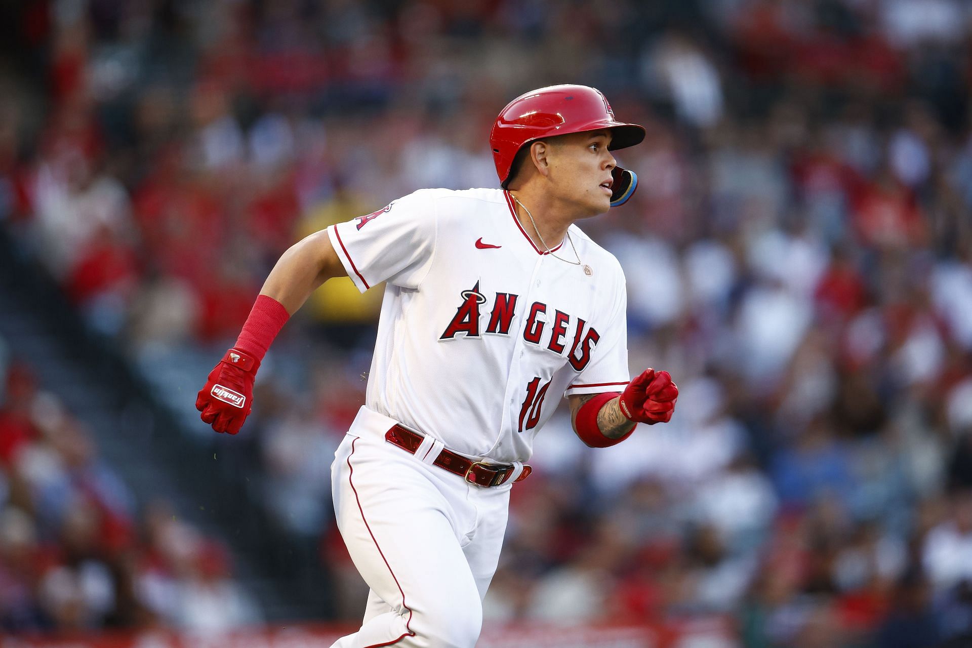 Gio Urshela of the Los Angeles Angels runs to first at Angel Stadium of Anaheim on June 8.