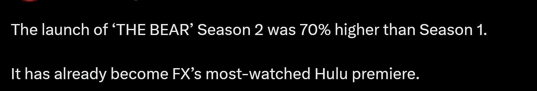 Discussing FIlm&#039;s post about Bear season 2 viewership (Image via Twitter)