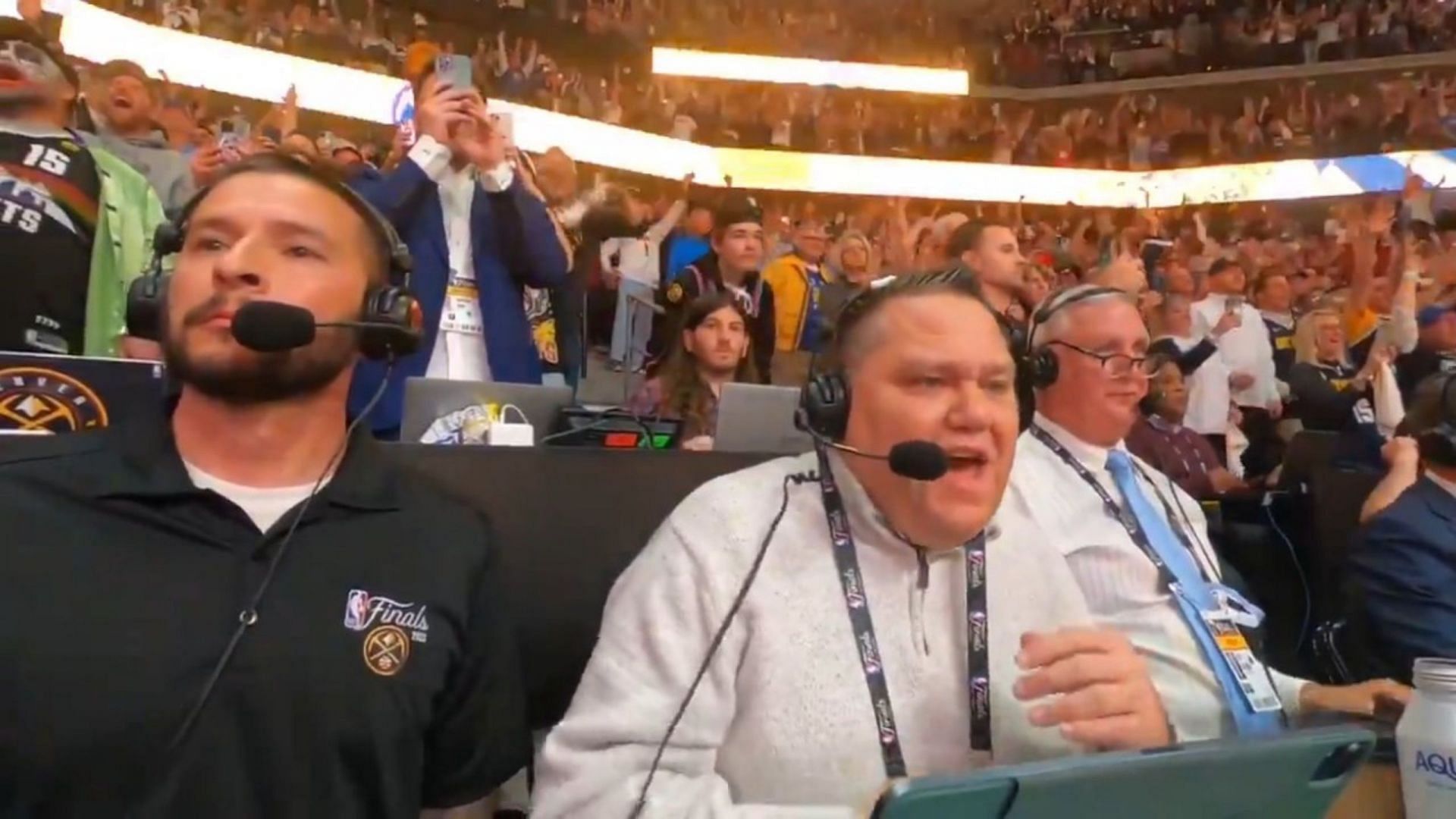 The Denver Nuggets radio announcers were emotional after the team won the NBA championship. (Photo: Jesse Trujillo/Twitter)
