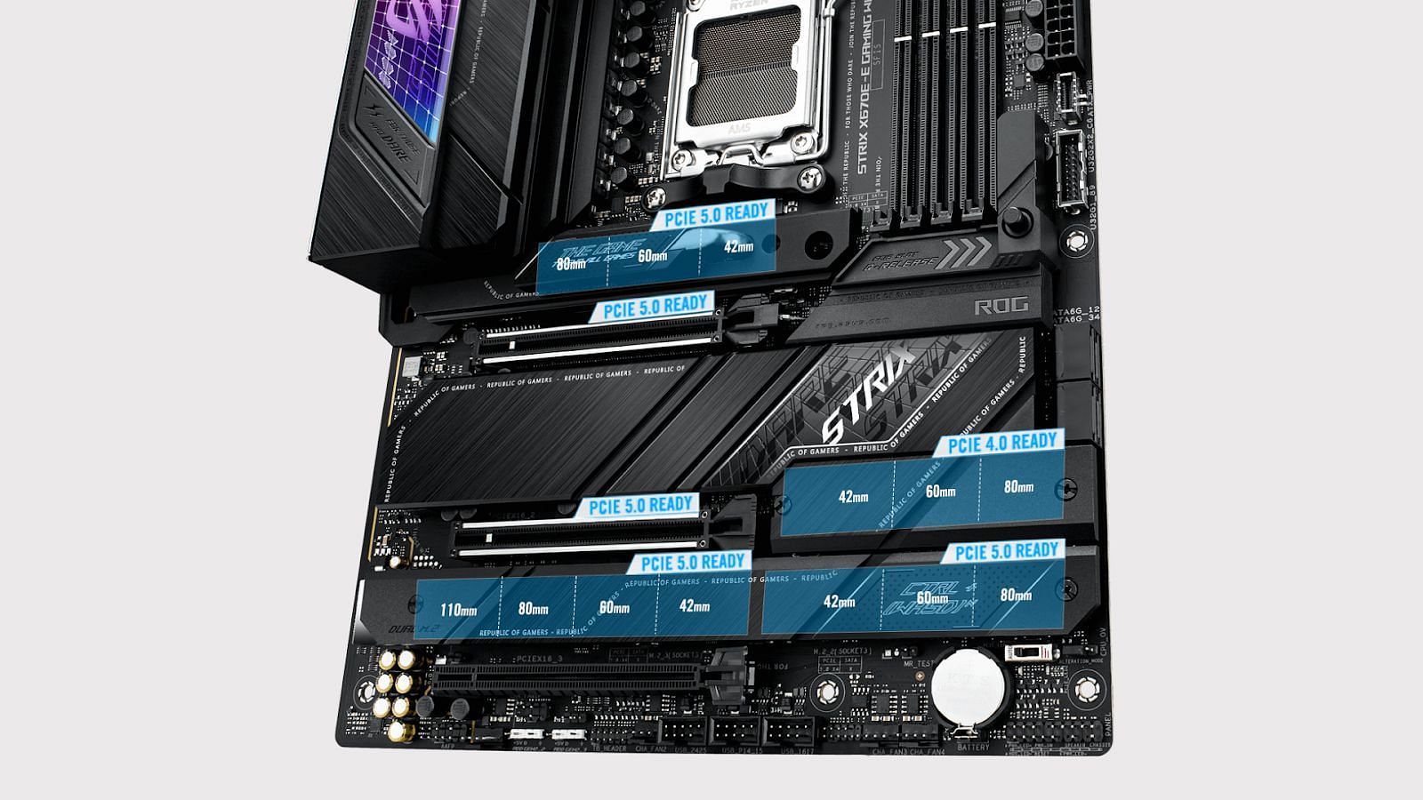 All the NVMe slots on the ROG Strix X670E board (Image via ASUS)
