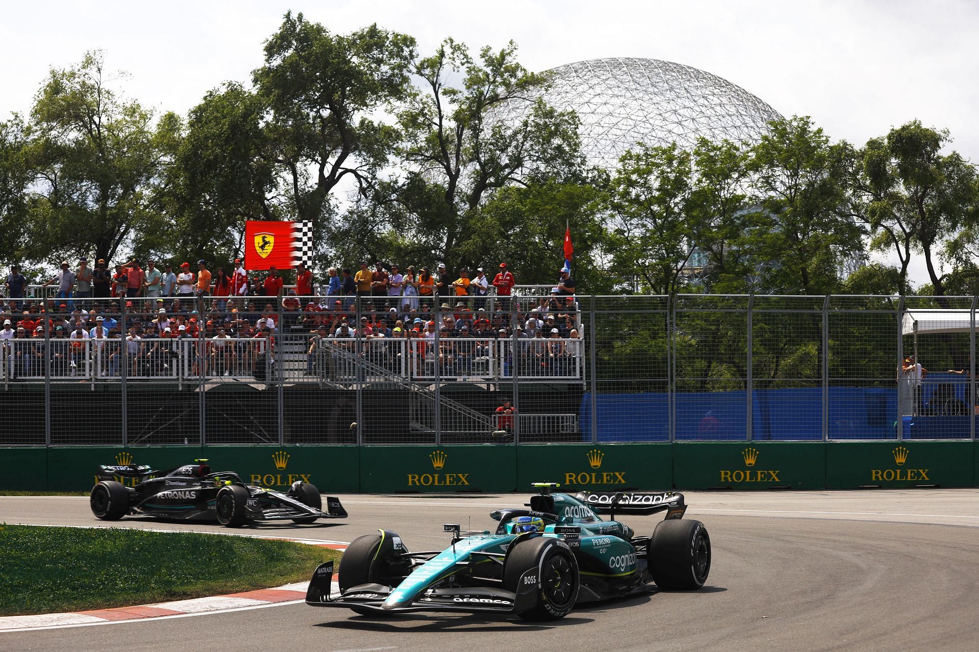 Fernando Alonso&#039;s AMR23 leads Lewis Hamilton&#039;s W14 during the Canadian Grand Prix (Photo by Jared C. Tilton/Getty Images)