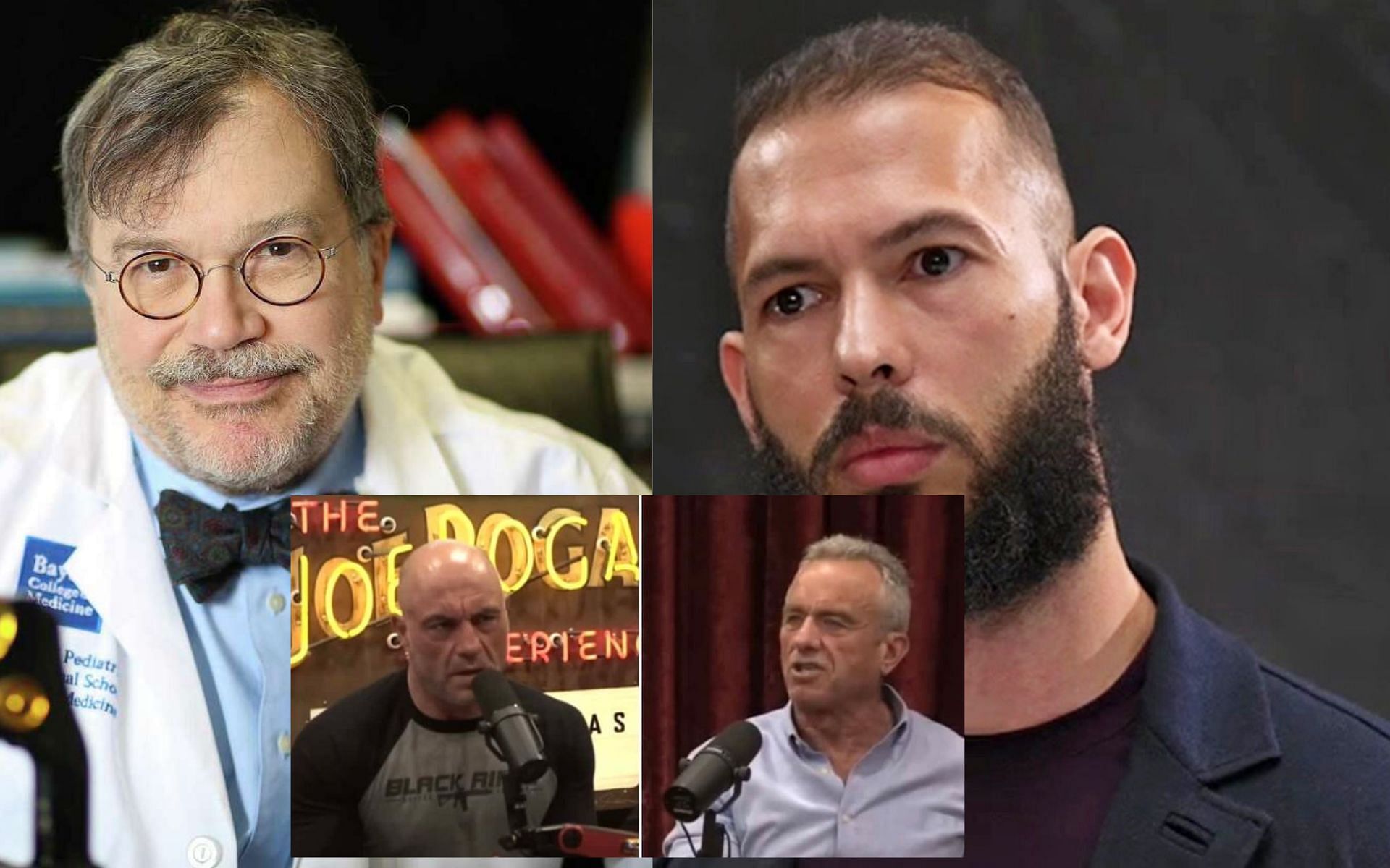 Dr. Peter Hotez (L), Andrew Tate (R), RFJ Jr. on the Joe Rogan Experience (Image Courtesy - ABC, BBC, MEAWW)