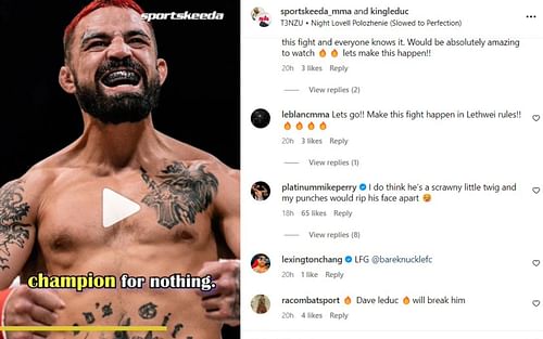 Screenshot of Mike Perry's comment on Dave Leduc's Instagram post