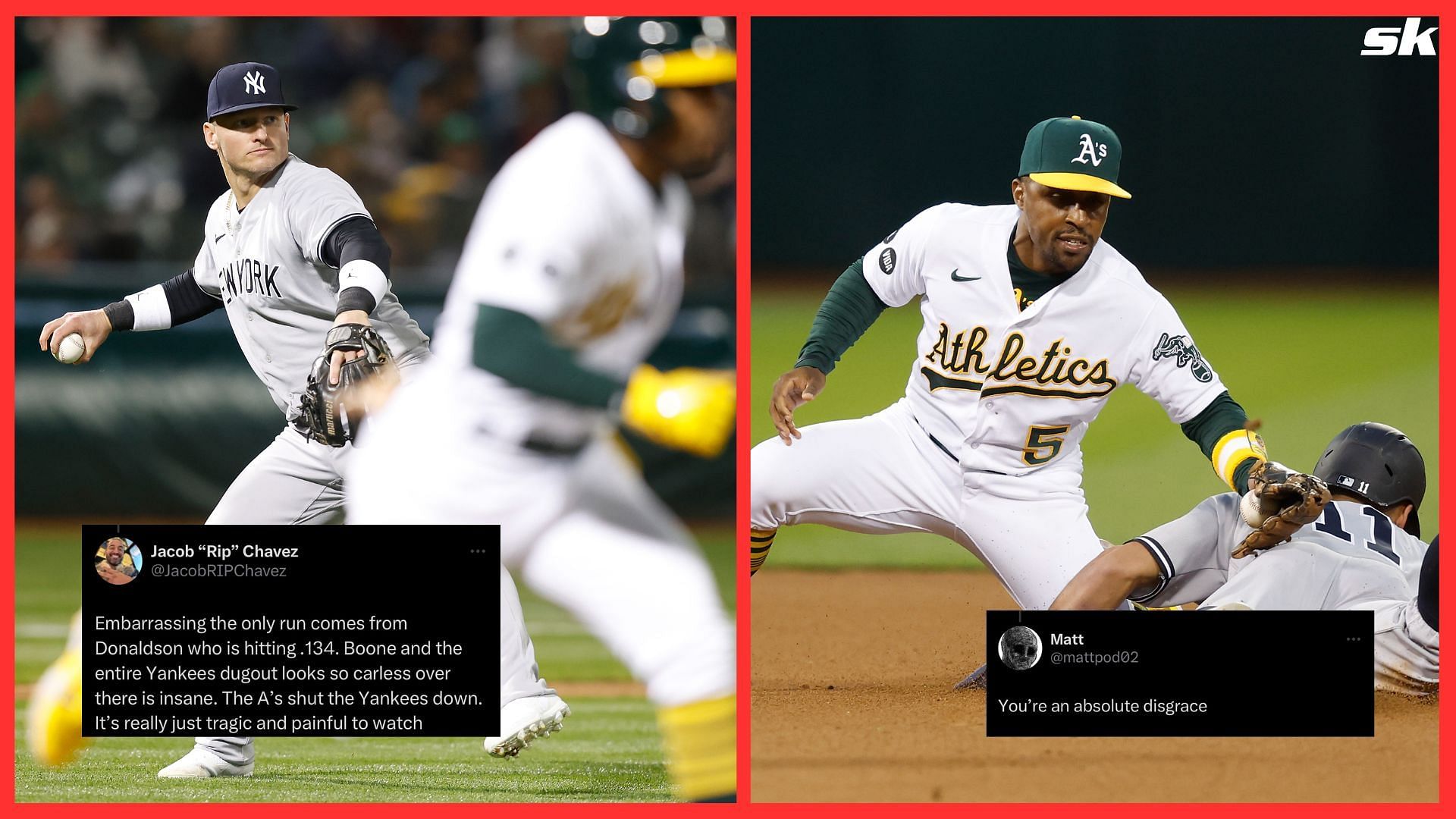 Anthony Volpe of the New York Yankees is tagged out stealing second base by Tony Kemp of the Oakland Athletics in the top of the seventh inning