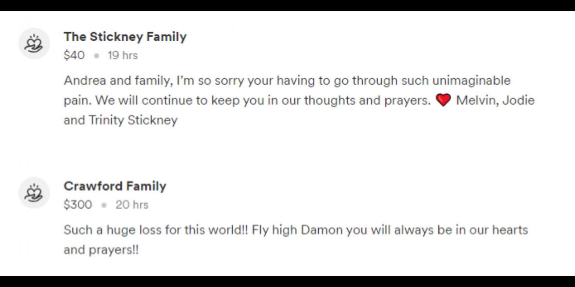 Donators leave their prayers and messages for Damon and his family. (Image via GoFundMe)