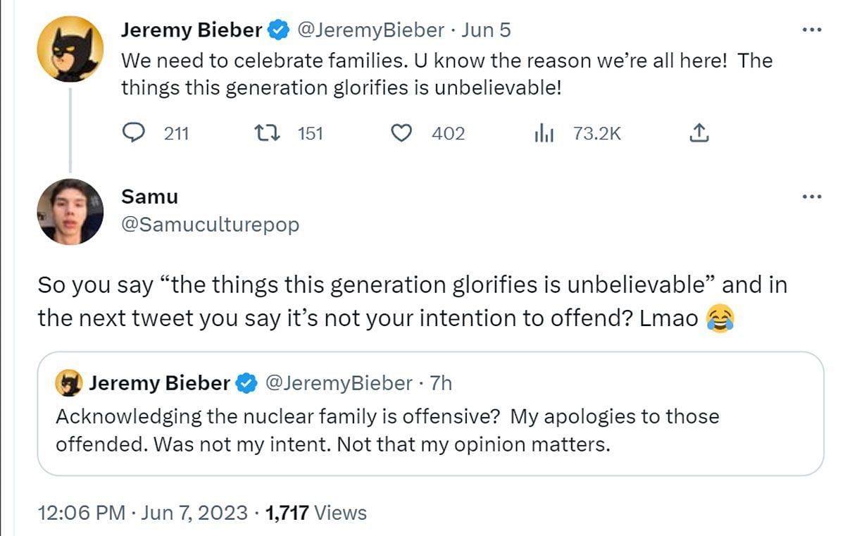 A comment reacting to the tweets (Image via Twitter/ @JeremyBeiber, @Samuculturepop)