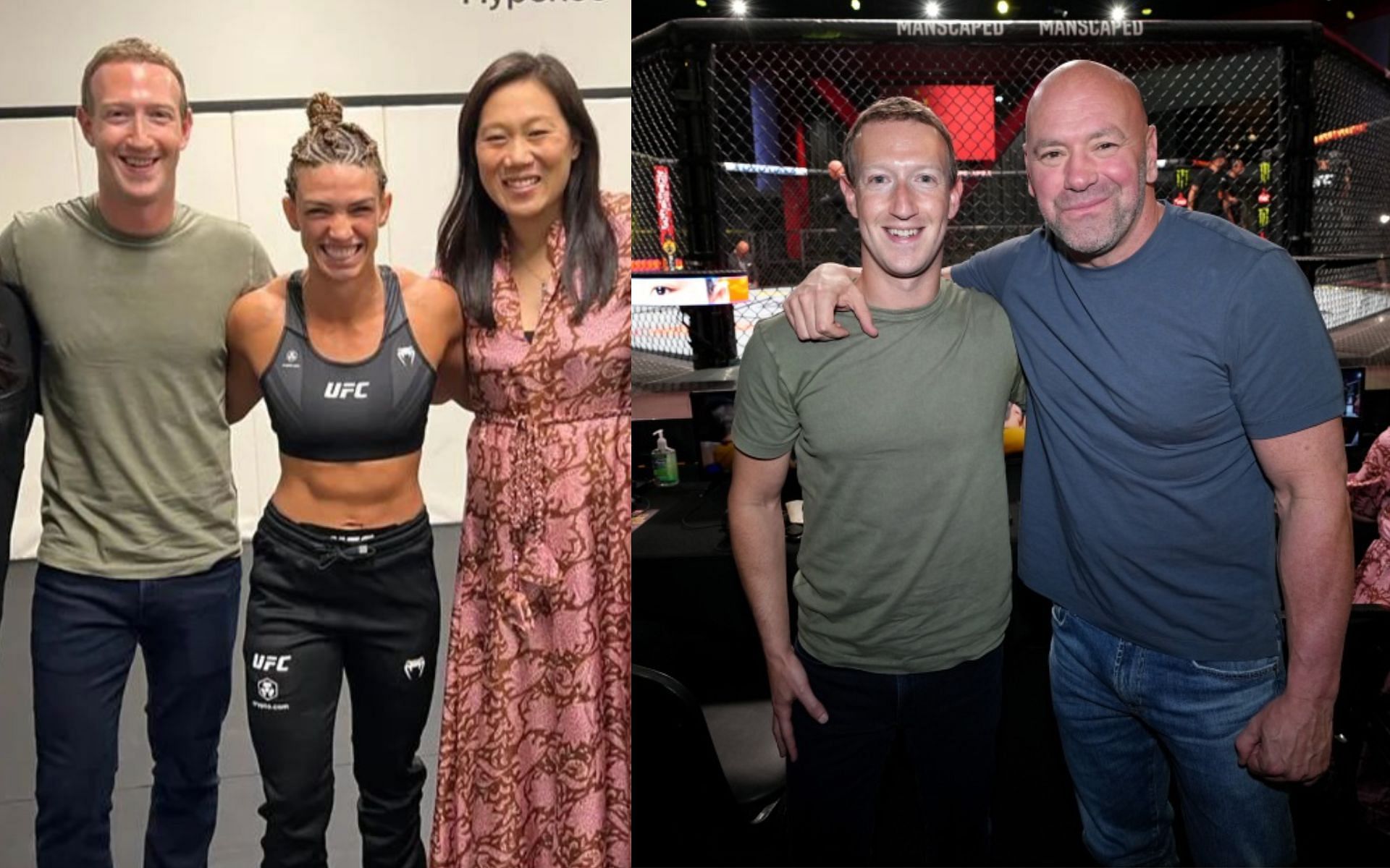 Mackenzie Dern with Mark Zuckerberg and his wife (left) and Zuckerberg with Dana White (right). [Images courtesy: left image from Instagram @zuck and right image from Getty Images]
