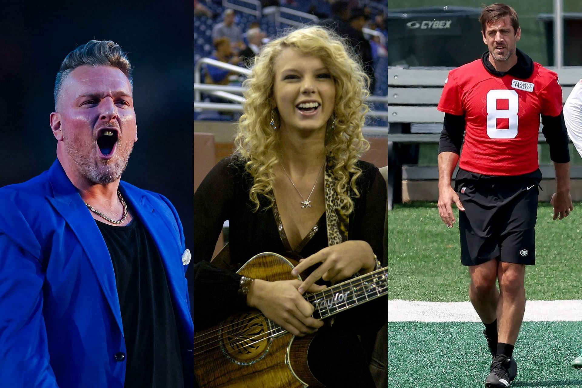 Pat McAfee (L), Taylor Swift (C) and Aaron Rodgers (R)