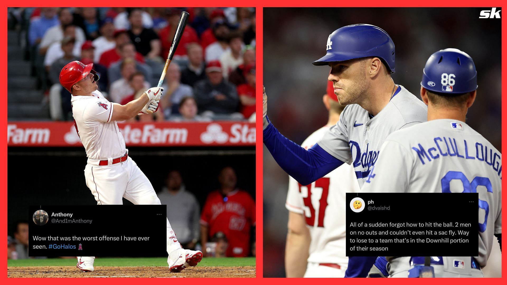 Mike Trout of the Los Angeles Angels flys out during a game against the Los Angeles Dodgers