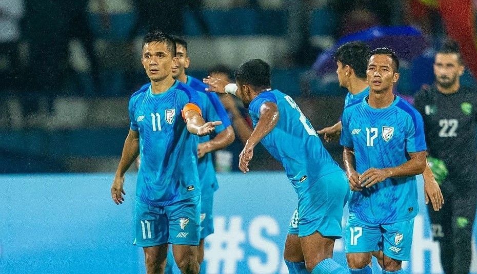 Sunil Chhetri celebrates after scoring the second goal against Pakistan