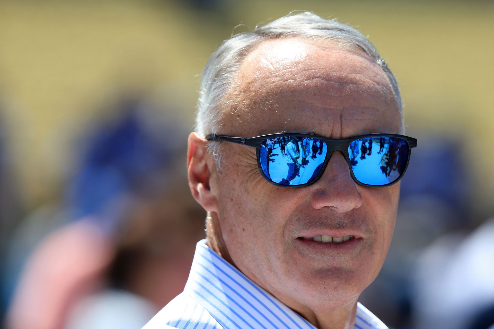 Commissioner of Baseball Robert D. Manfred Jr. looks on during the 2022 Gatorade All-Star Workout Day at Dodger Stadium on July 18, 2022 in Los Angeles, California. (Photo by Sean M. Haffey/Getty Images)