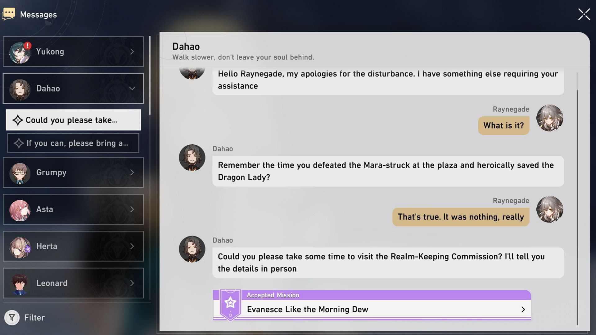 Accept Dahao&#039;s request to initiate the A Knight Stranger mission (Image via HoYoverse)