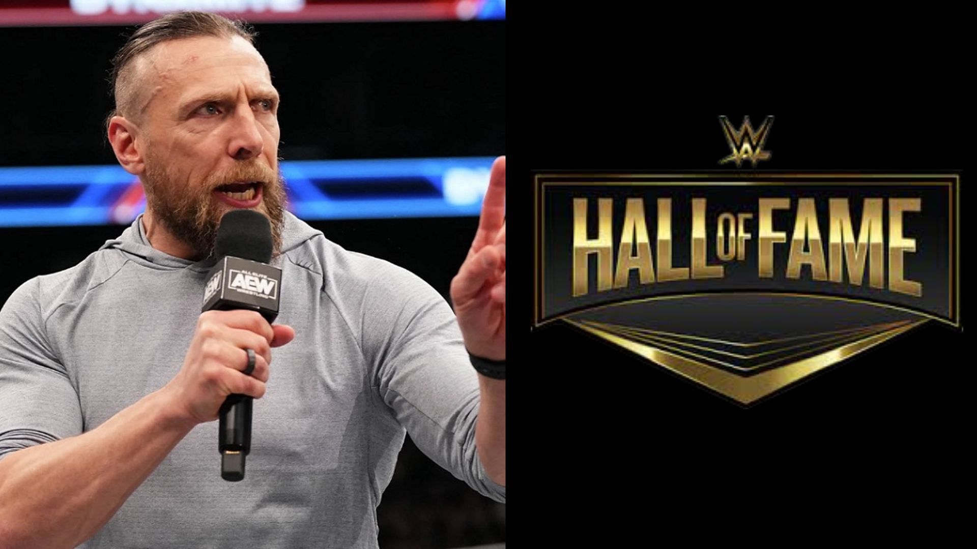 Bryan Danielson (left), WWE Hall of Fame logo (right)