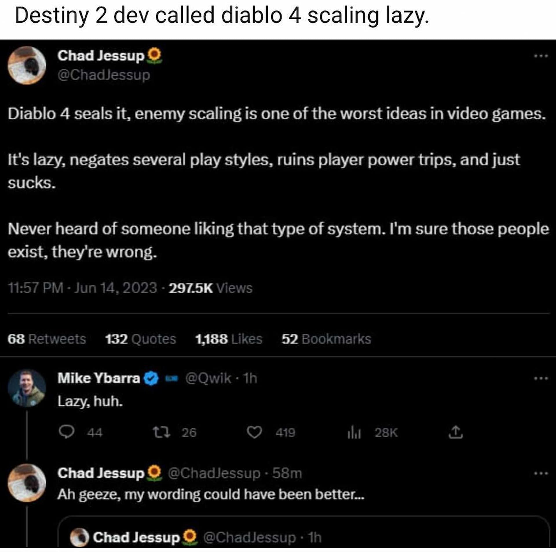 A screenshot of the tweet where the developer working at Bungie criticized the enemy level scaling in Blizzard&#039;s latest MMORPG (Image via Twitter)