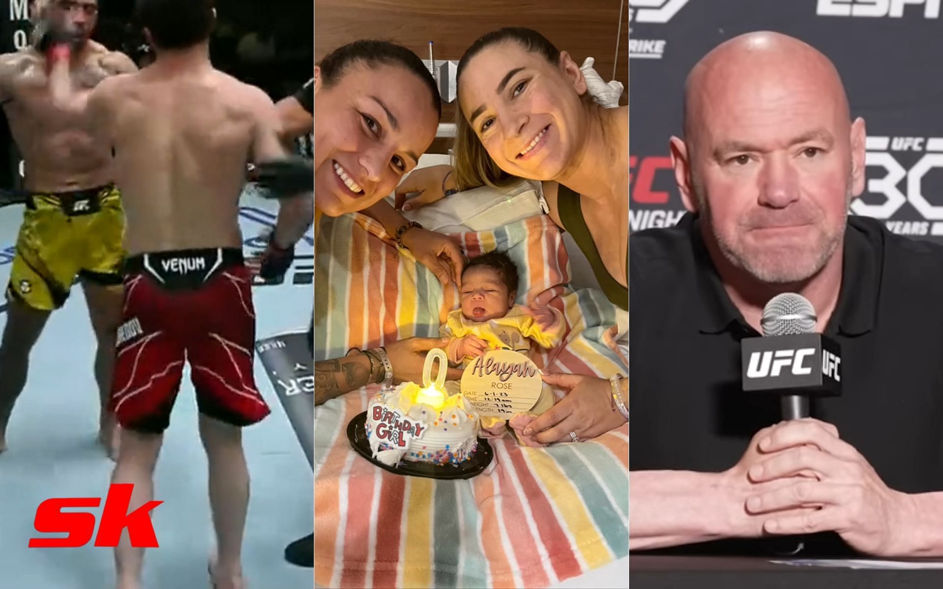 Abubakar Nurmagomedov slapping opponent (left - via @VapEnjoyer), Raquel Pennington and Tecia Torres with newborn (center - via @raquel_pennington), Dana White (right - via @ufc)