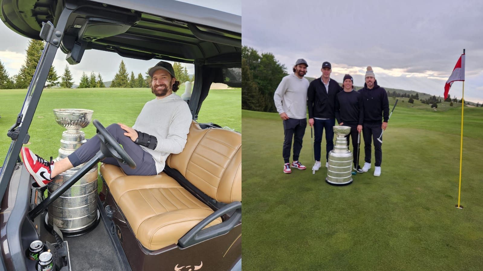 Golden Knights players play a game of golf with Stanley Cup (Credit: @keeperofthecup)