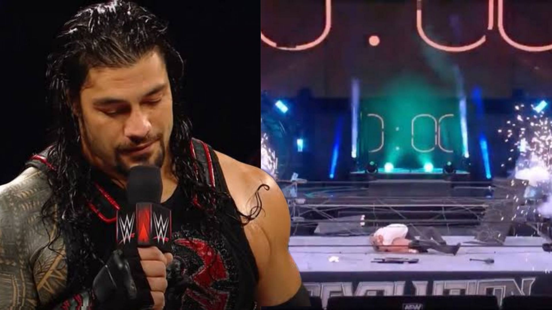 Roman Reigns forgets his lines (L); the failed AEW explosion (R).