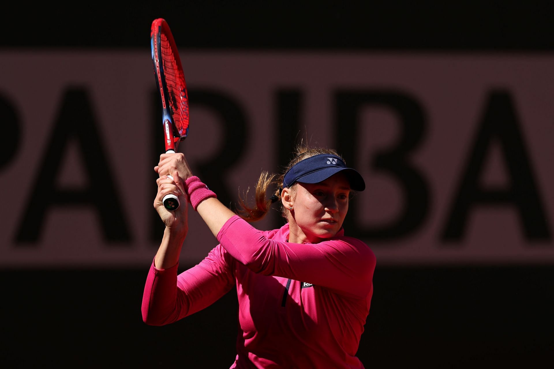 Rybakina strikes the ball at the 2023 French Open
