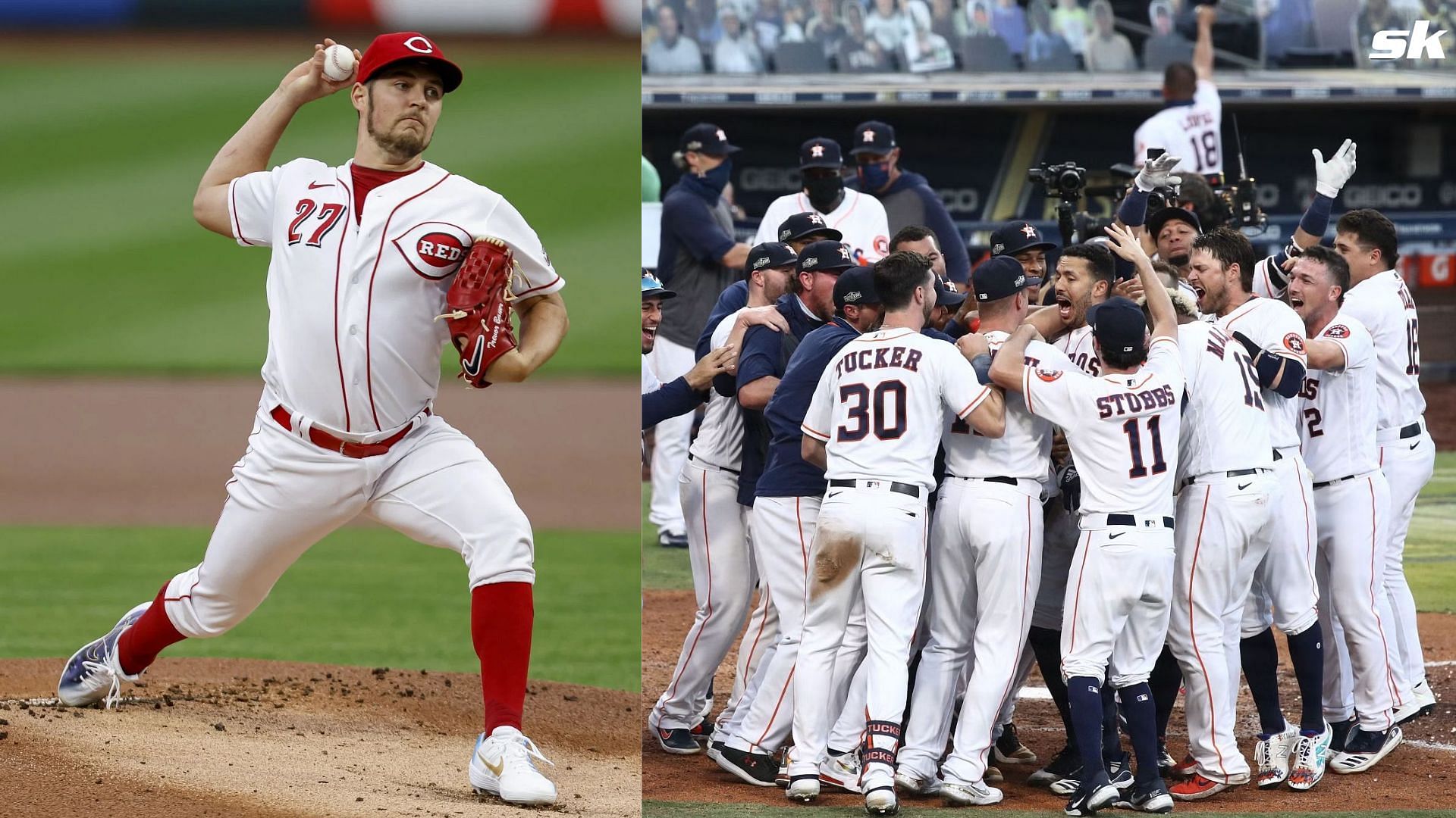 Trevor Bauer during his time with the Cincinnati Reds in 2020 and the Houston Astros celebrating after a win in the 2020 season.