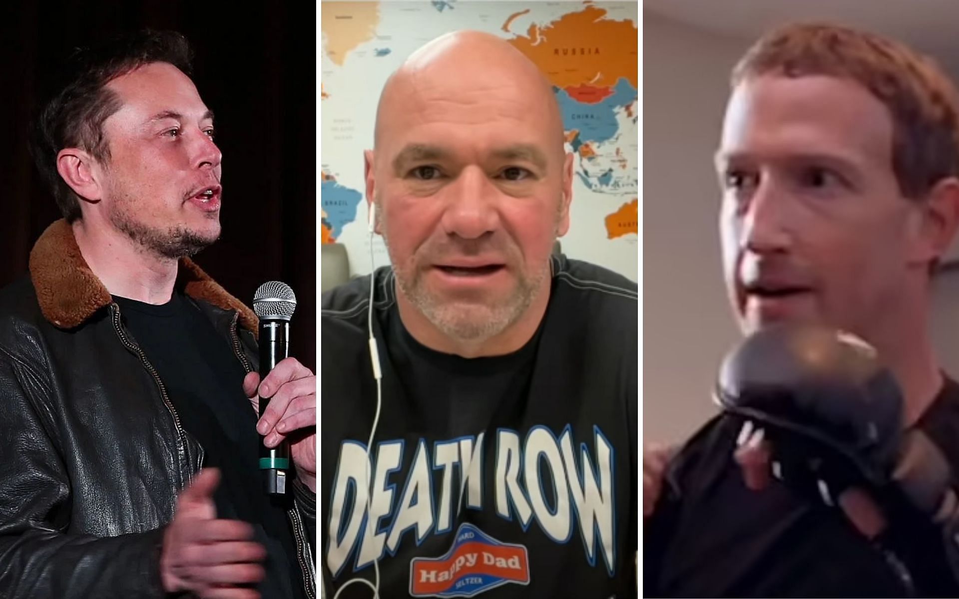 Elon Musk [Left], Dana White [Middle], and Mark Zuckerberg [Right] [Photo credit: The Pat McAfee Show - YouTube, and @CultureCrave - Twitter]