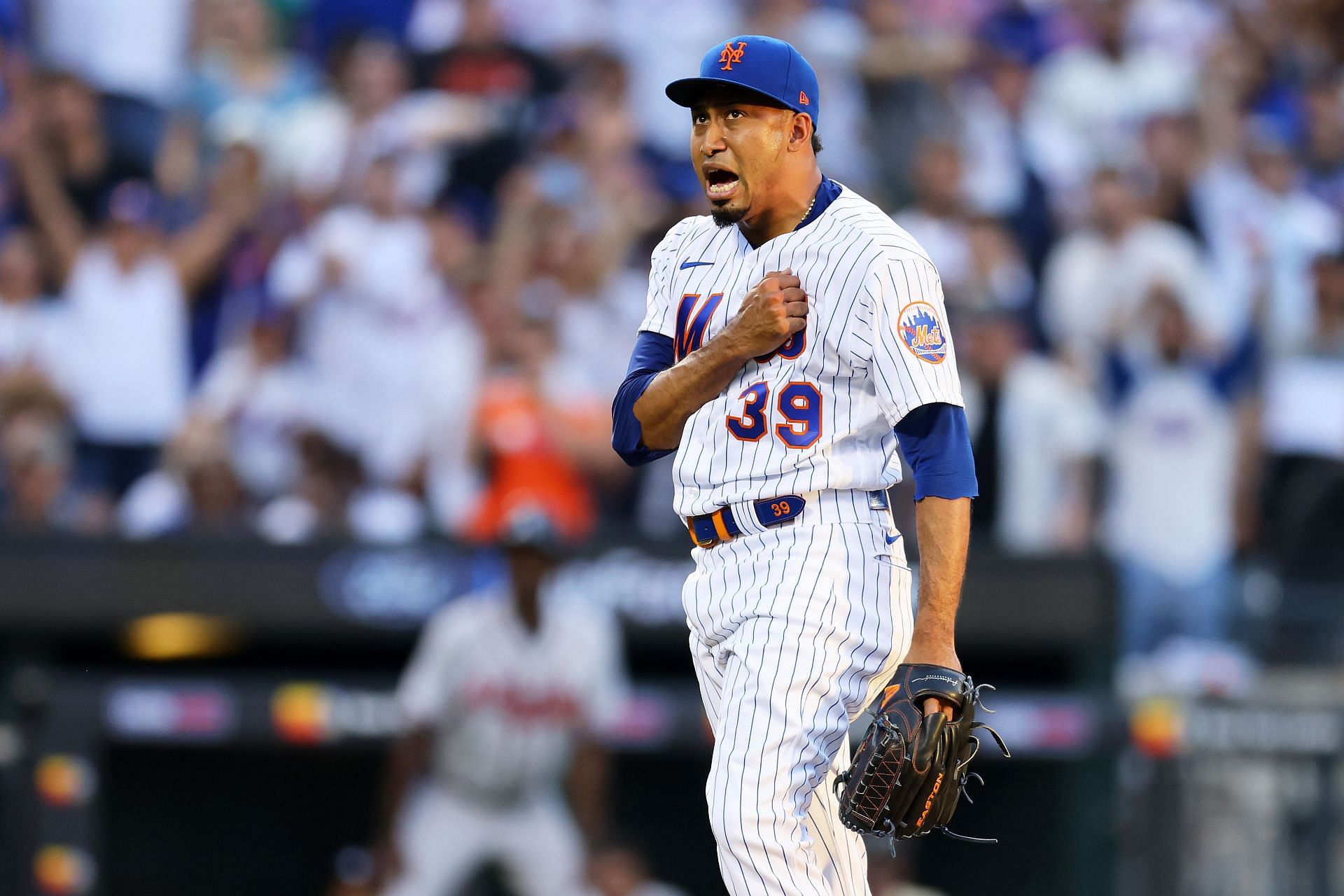 Edwin Diaz of the New York Mets celebrates after defeating the Atlanta Braves 5-2 at Citi Field