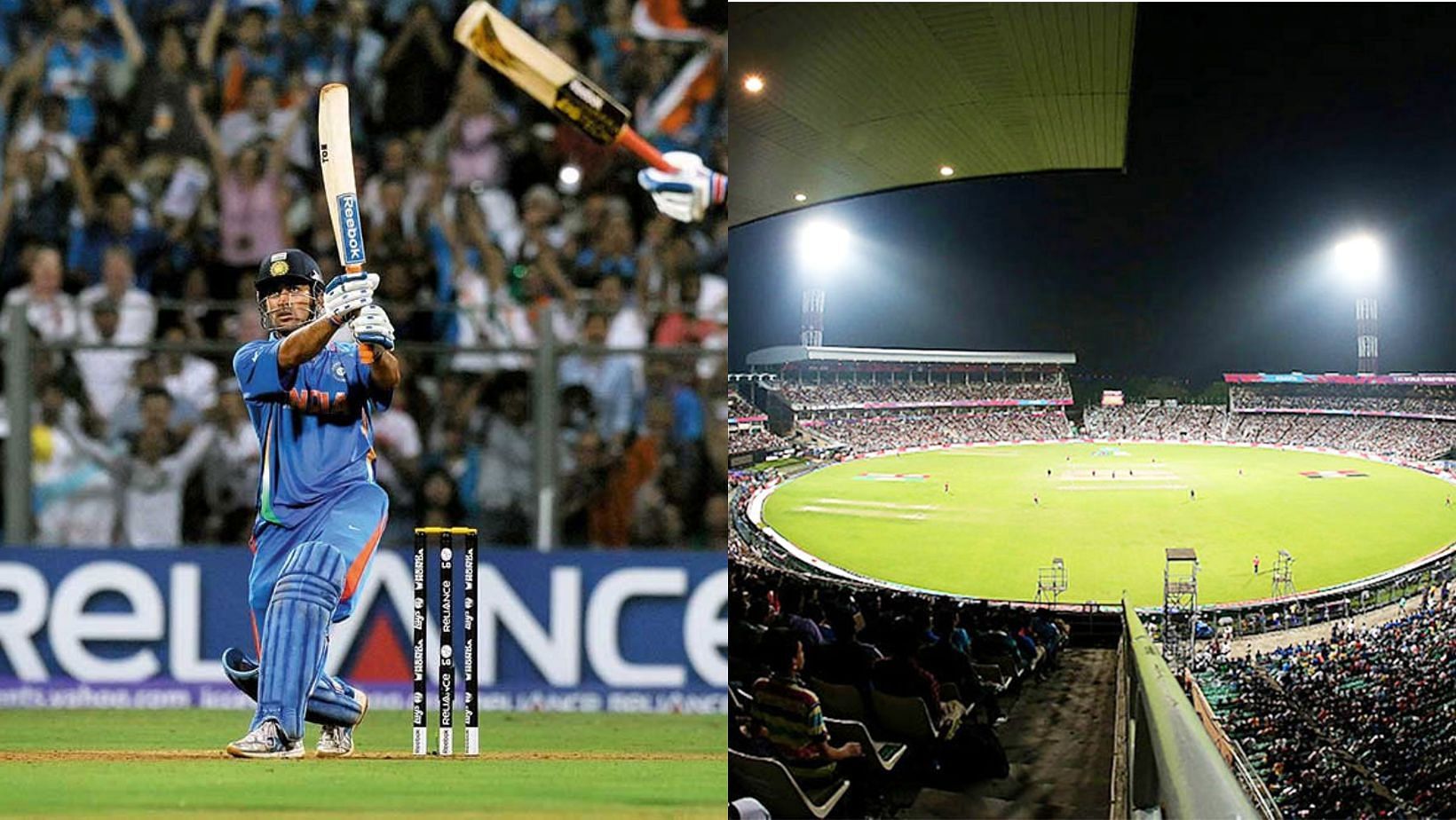 MS Dhoni at the Wankhede Stadium in 2011 and the Eden Gardens (R).