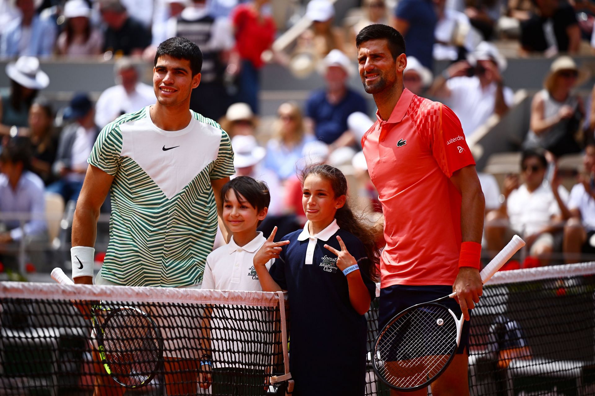 Carlos Alcaraz and Novak Djokovic pictured at the 2023 French Open - Day Thirteen.