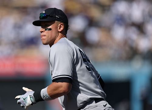 Aaron Judge #99 of the New York Yankees takes the field before the game against the Los Angeles Dodgers at Dodger Stadium on June 03, 2023, in Los Angeles, California. (Photo by Harry How/Getty Images)