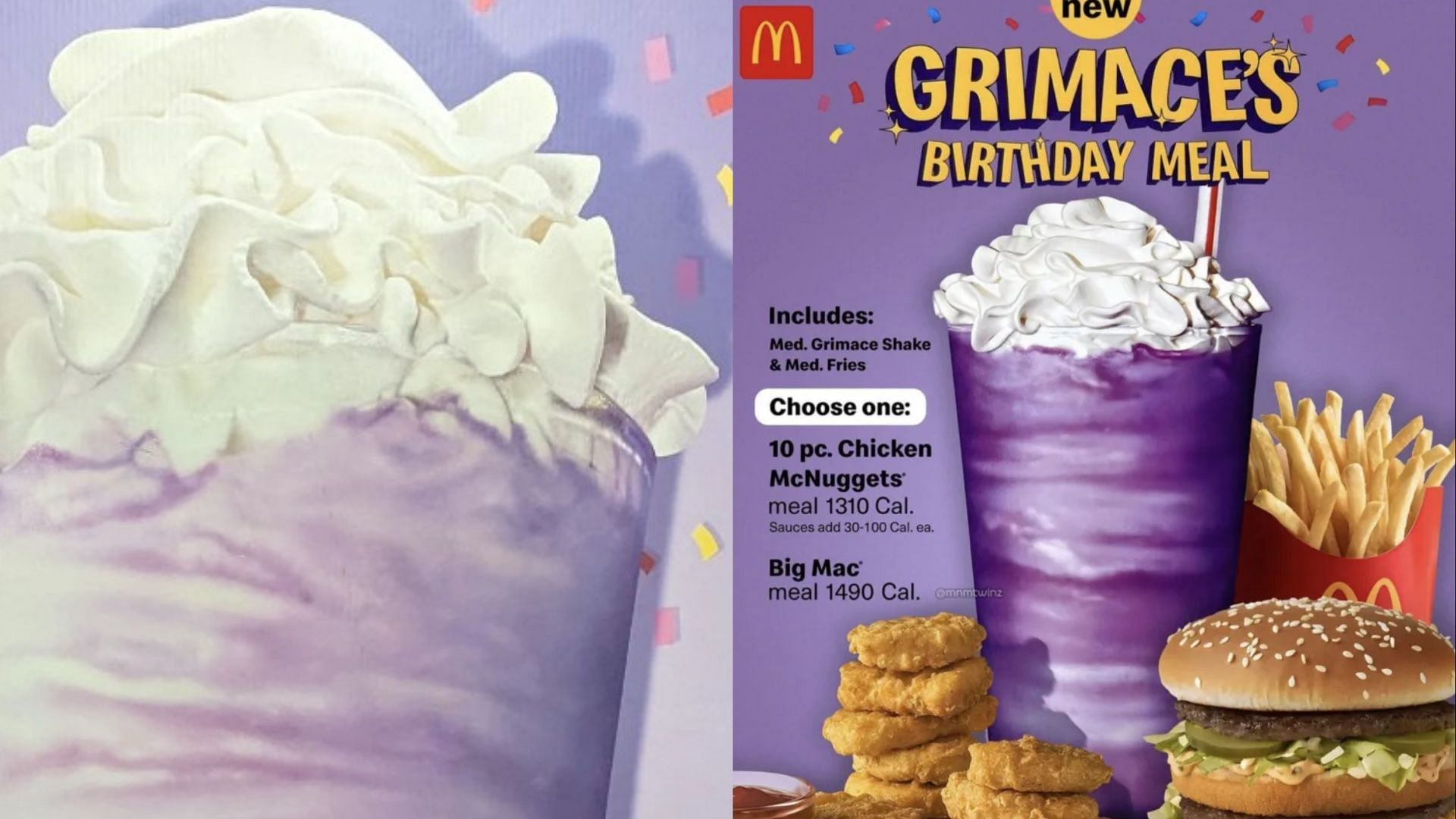 The Grimace Birthday Meal comes with a Big Mac or 10-piece McNugget, French Fries, and a purple Grimace Shake (Image via McDonald&rsquo;s/@mnmtwinz on Instagram)