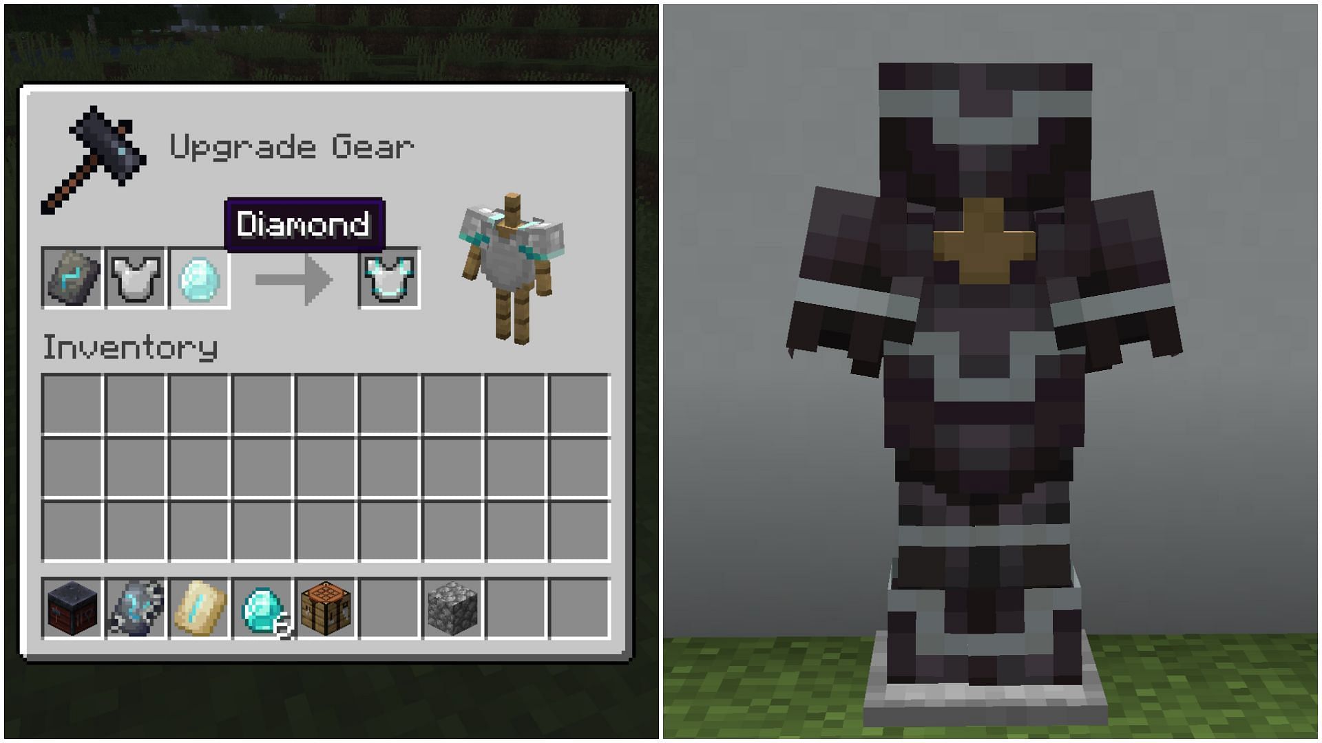 Smithing templates can be applied to gear using a smithing table in Minecraft (Image via Sportskeeda)