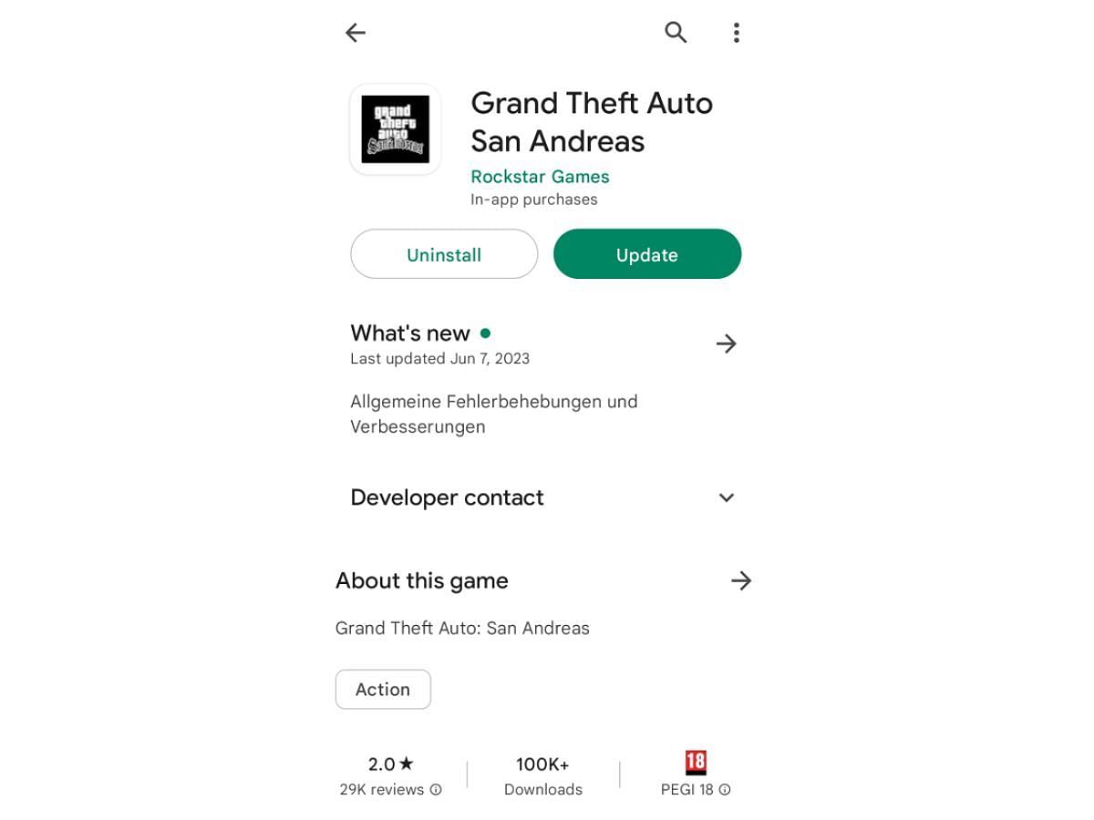 The update option is now available on San Andreas Android Version (Image via Twitter/@NationalPepper)