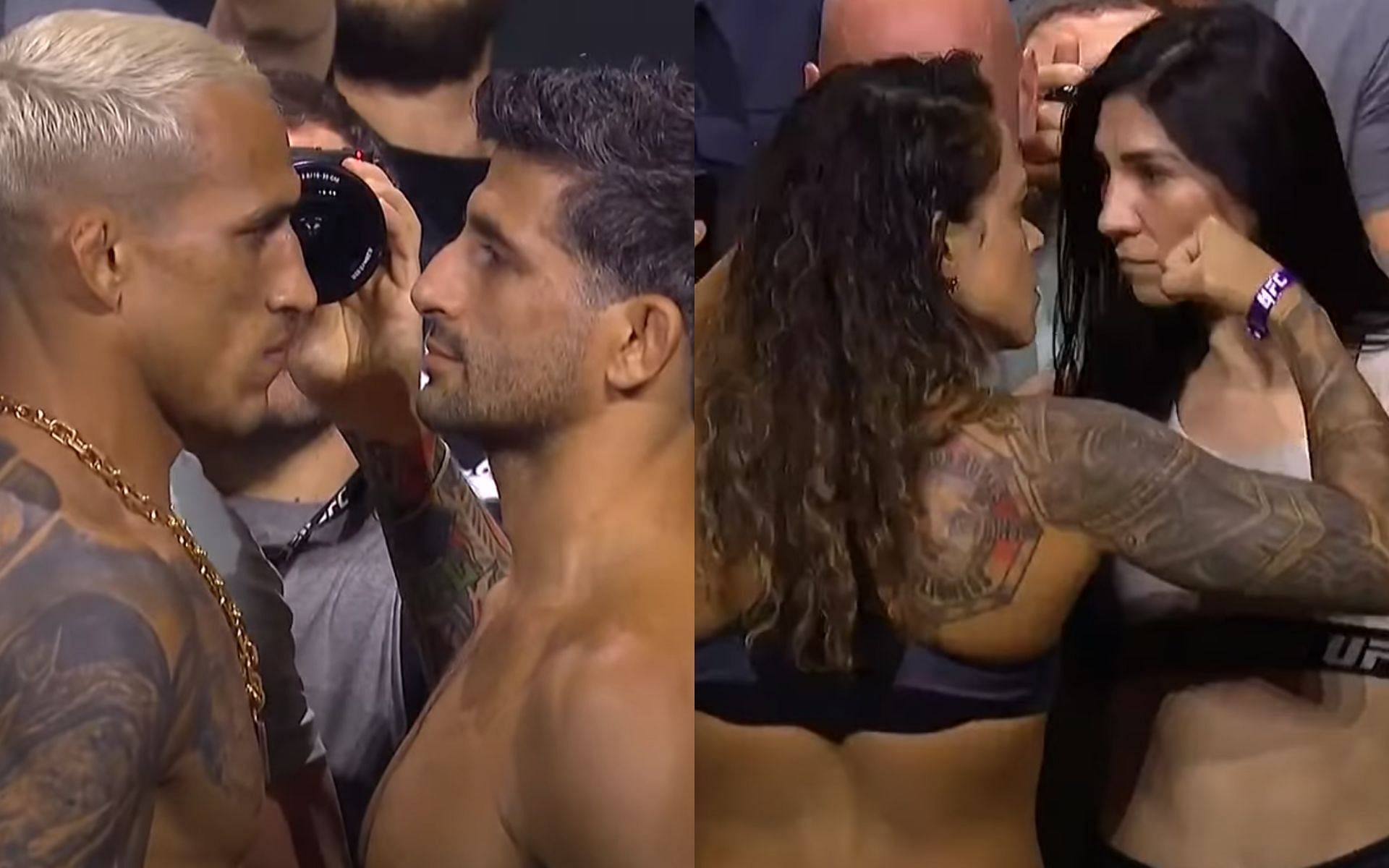Charles Oliveira and Beneil Dariush face off ahead of their UFC 289 co-main event fight (Left); Amanda Nunes and Irene Aldana face off before their UFC 289 main event matchup [*Image courtesy: left and right images via UFC YouTube channel]