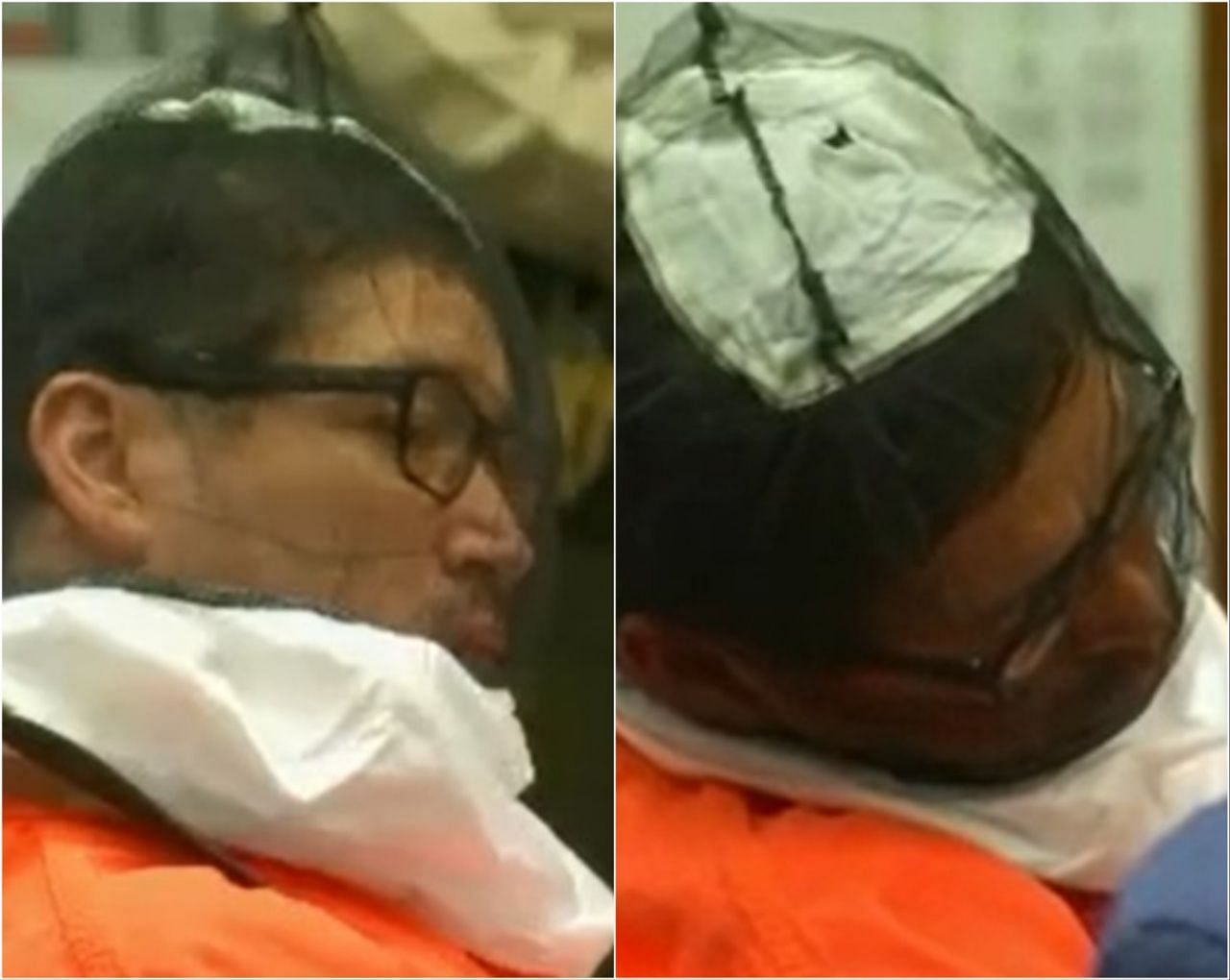 Anthony Rauda appears in court in a restraint chair and with a spit hood (Image via NBCLA)