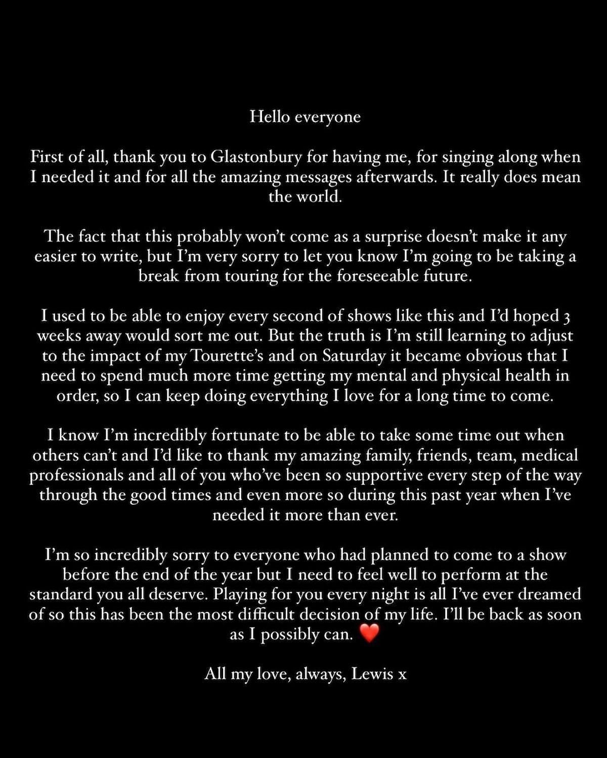 The singer announced an indefinite break from all upcoming activities via a social media post (Image via Instagram)