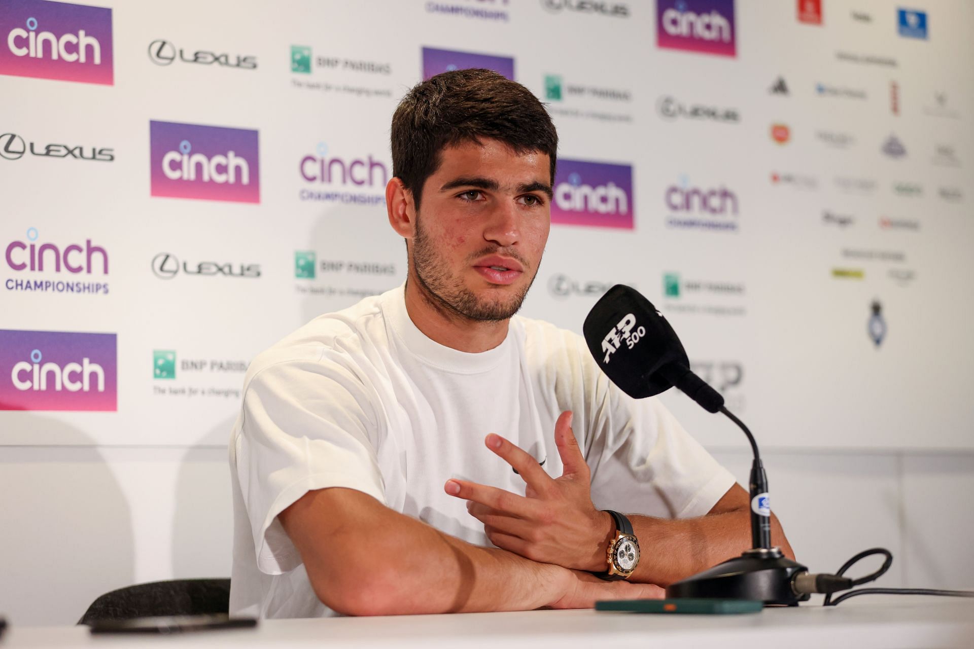 Carlos Alcaraz pictured at a press conference.