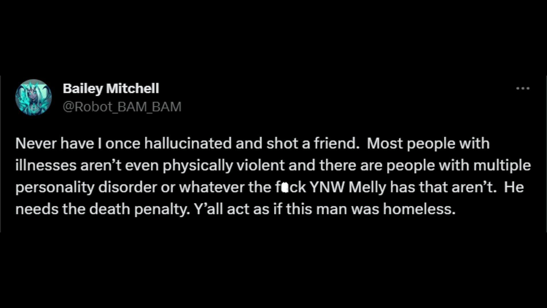 A Twitter user asking for Melly&#039;s death penalty. (Image via Twitter/Bailey Mitchell)