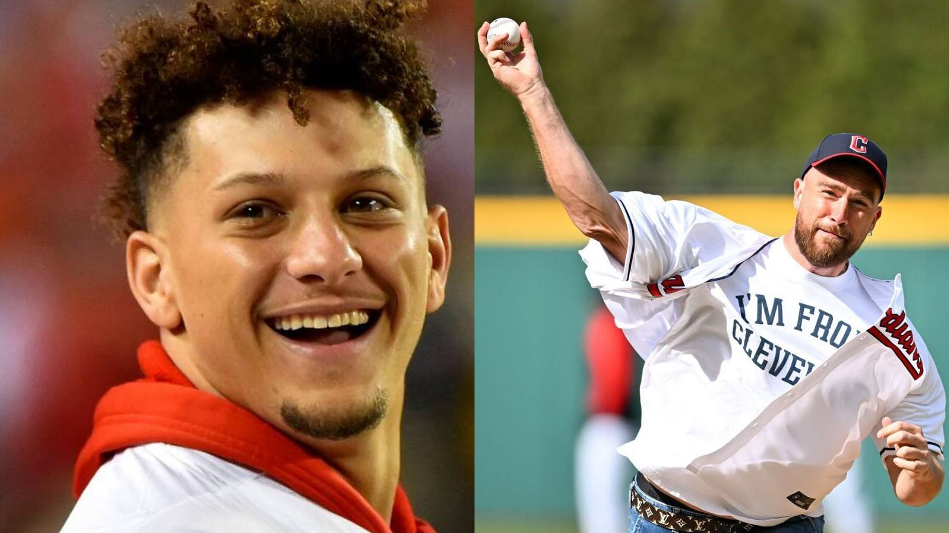 Kansas City Chiefs quarterback Patrick Mahomes congratulates All-Pro tight end Travis Kelce for throwing a perfect first pitch. (Image via: Vahe Gregorian/The Kansas City Star, Jason Miller/Getty Images)