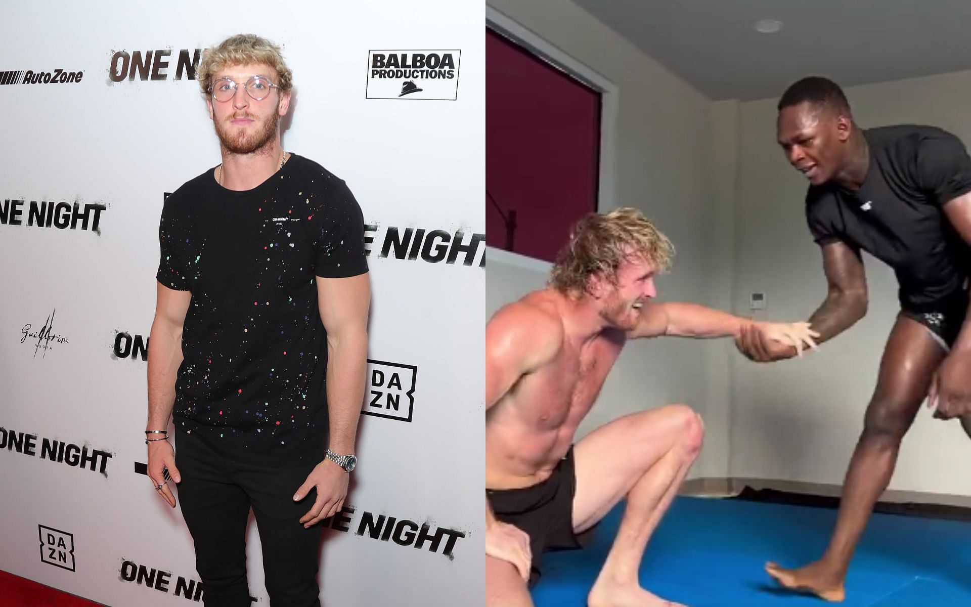 Logan Paul (left) and Israel Adesanya (right) (Image credits Getty Images and @HappyPunchPromo on Twitter)