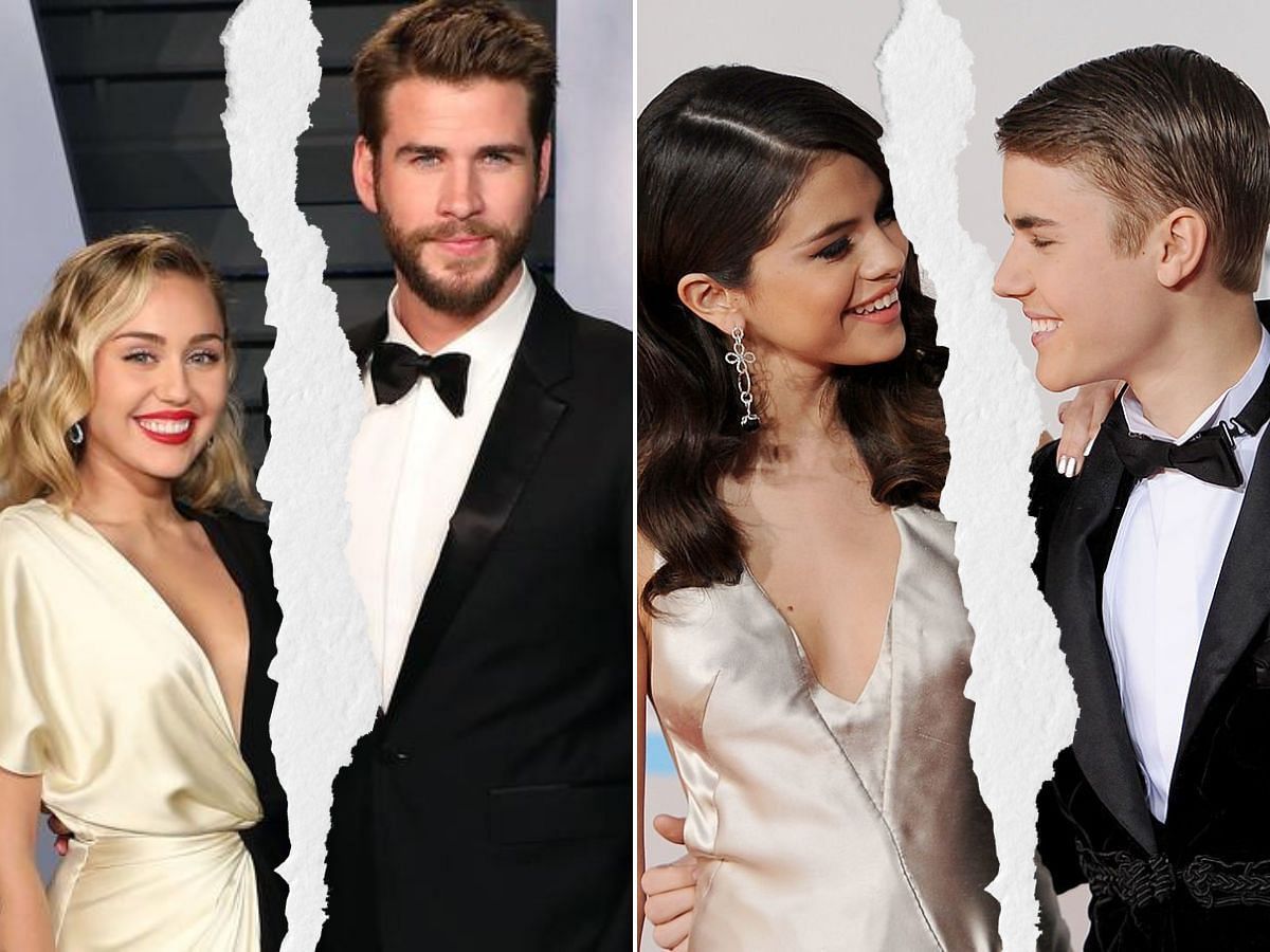 Stills of Miley Cyrus with Liam Hemsworth and Selena Gomez with Justin Bieber (Images Via Getty Images)