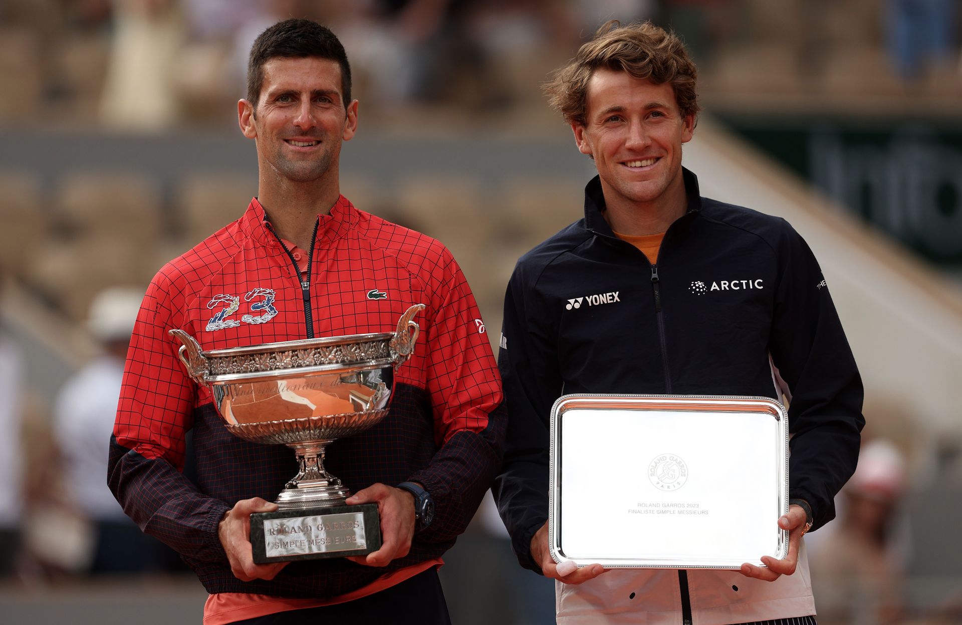 Novak Djokovic and Casper Rudd at the finals presentation ceremony