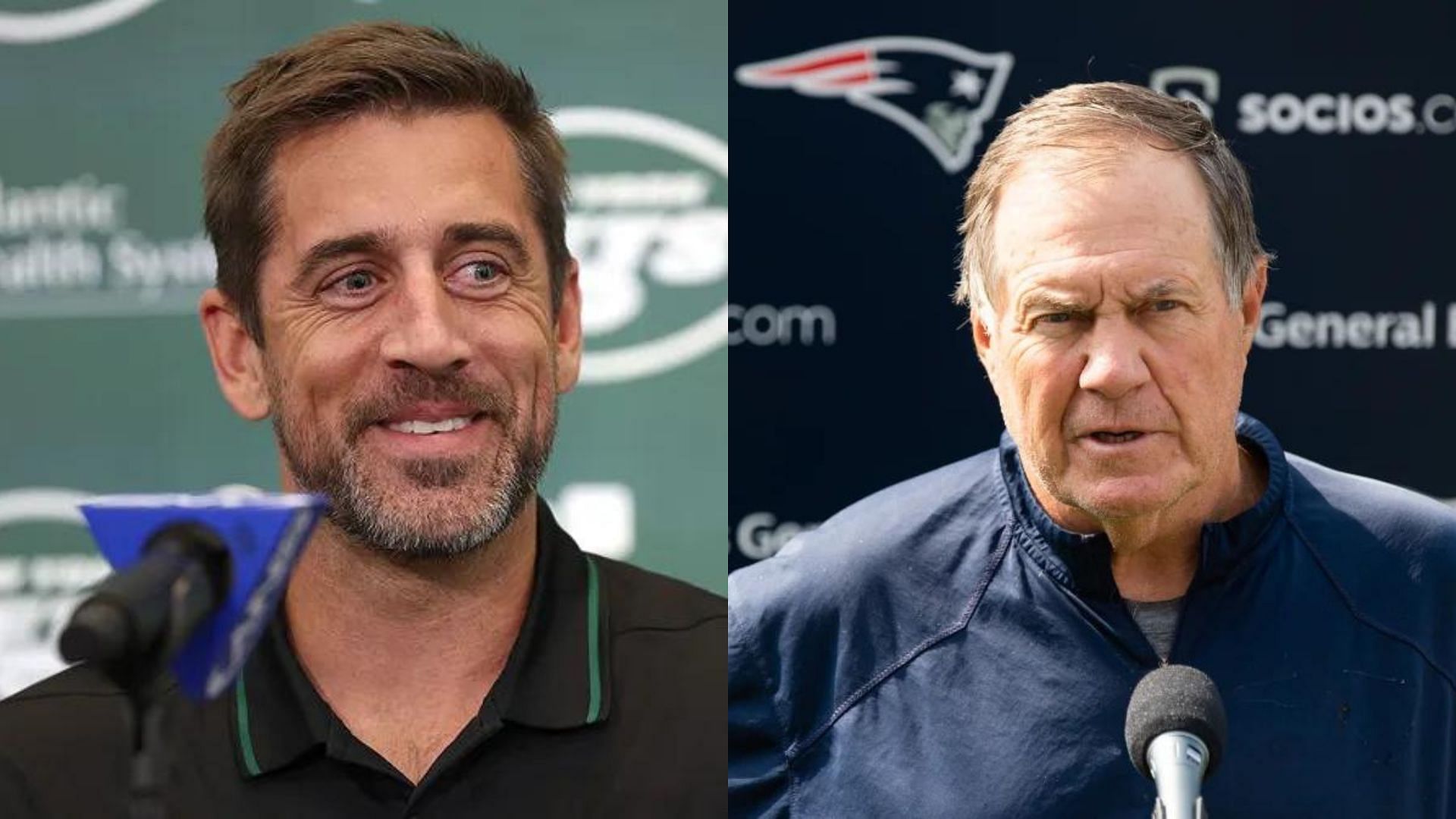 Aaron Rodgers (L) reportedly rejected a trade to the Patriots and Bill Belichick (R)