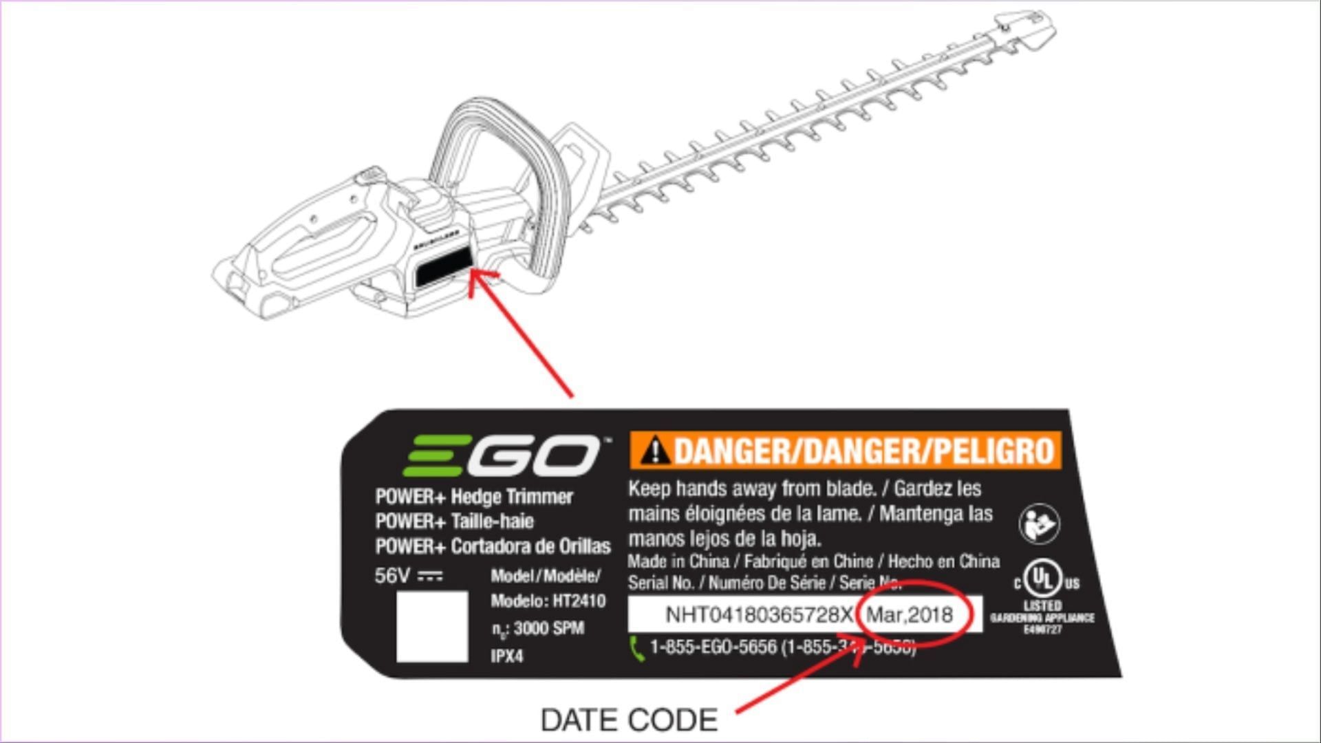 The recalled EGO Power+ Cordless Brushless Hedge Trimmers were sold between September 2017 and March 2020 for over $150 and $220 (Image via CPSC)