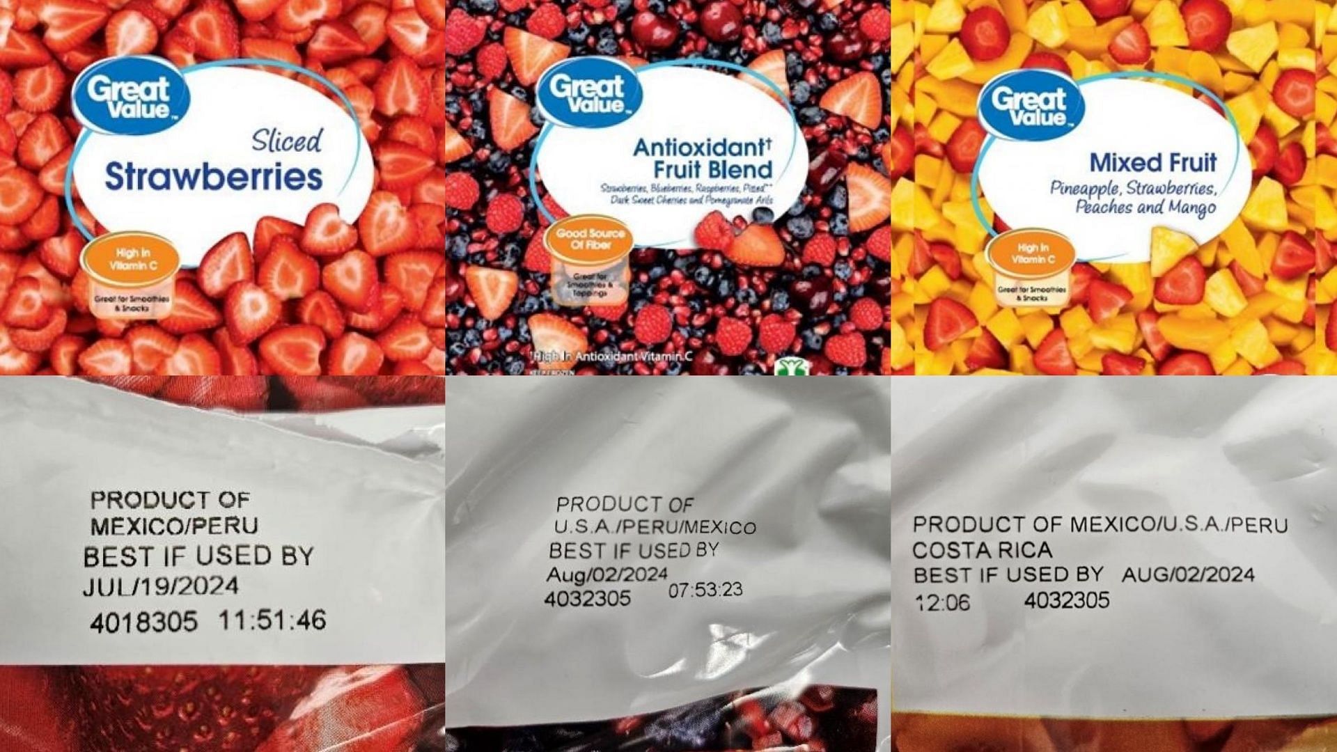 Some of the recalled Great Value frozen fruit products may be contaminated with Hepatitis A (Image via FDA)