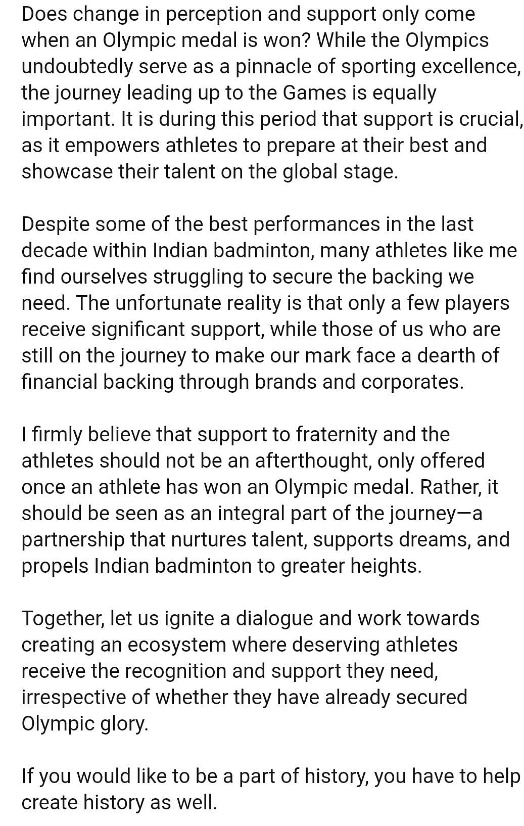 Rest of the message from HS Prannoy