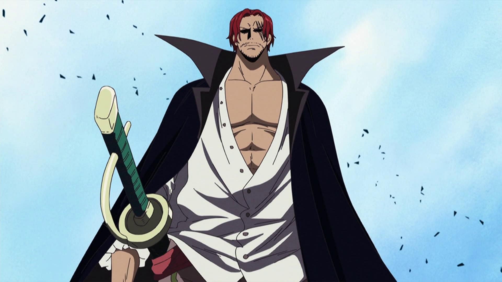 Shanks with his typical posture, clothing, and sword (Image via Toei Animation, One Piece)