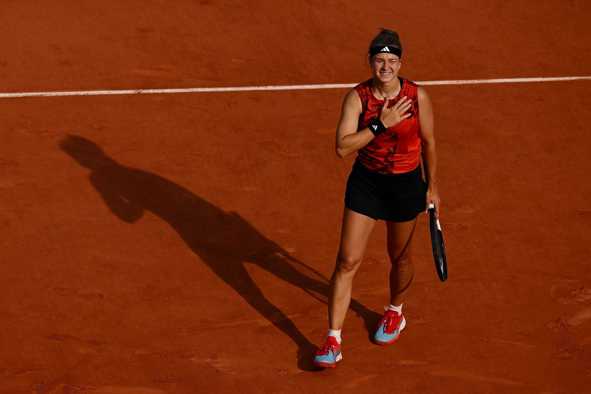 Karolina Muchova celebrates her win over Aryna Sabalenka