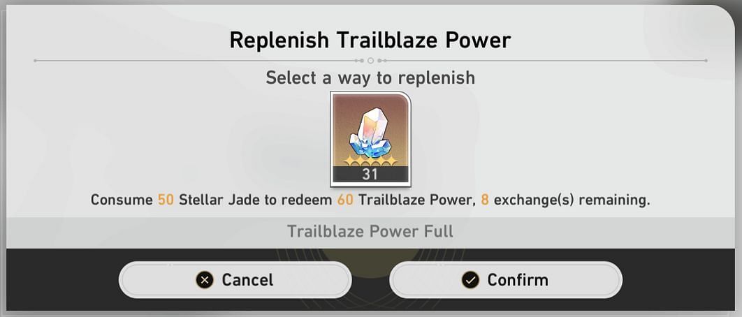 Trailblaze Power Replenishing Menu (Image via Honkai Star Rail)